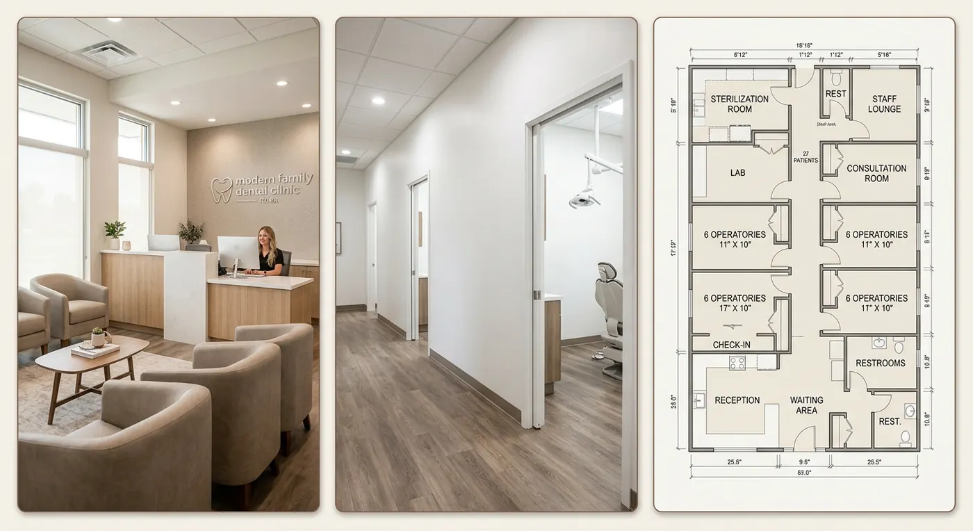 Modern Family Dental Clinic reception hallway and 6-op dimensioned floorplan