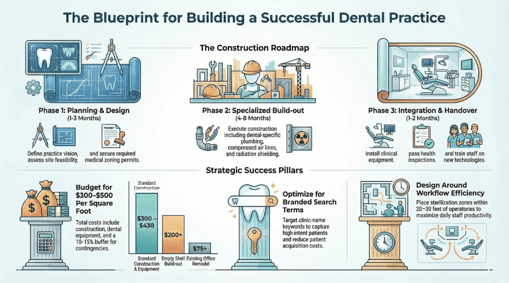 Remodel vs rebuild dental practice comparison chart 2026 — construction roadmap phases, cost breakdown $300-$500 per square foot, and strategic success pillars for dental office planning
