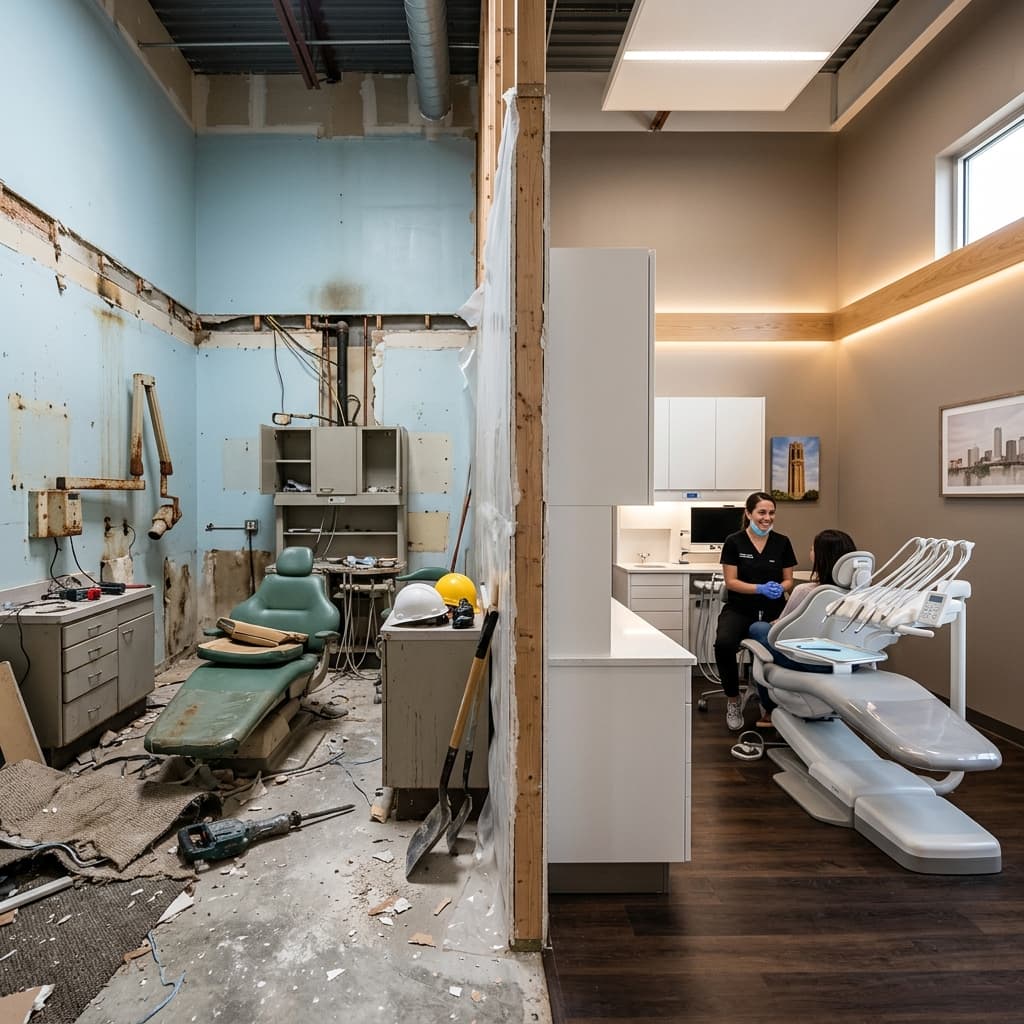 Modern dental office mid-renovation in Tulsa, Oklahoma — showing the transformation from old to new