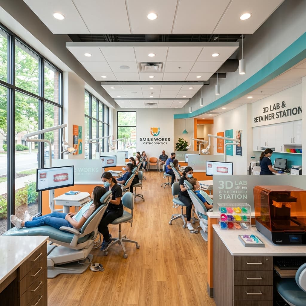 Modern orthodontic office interior with open bay treatment area and digital integration in Tulsa, Oklahoma
